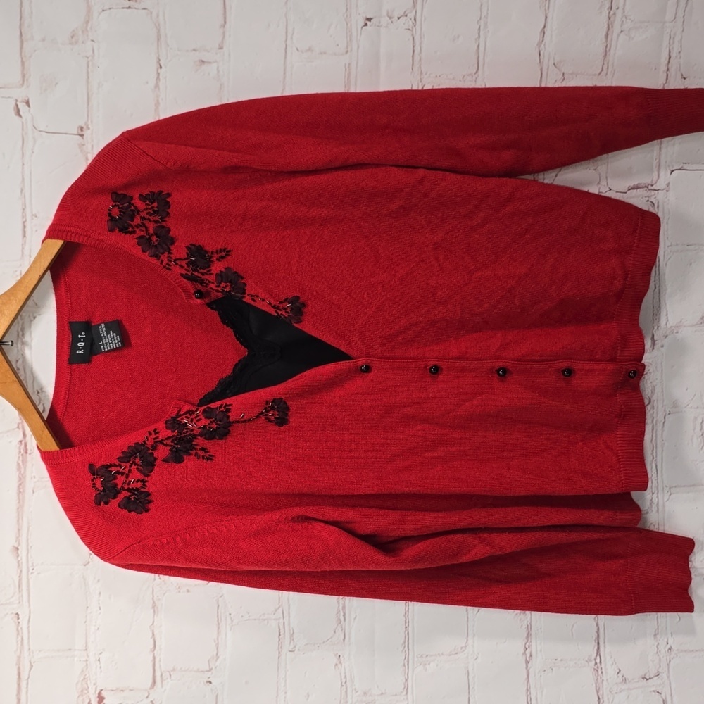 R Q T Red Beaded Cardigan Sweater